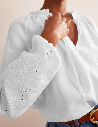 Broderie Tie-Neck Linen Top-White-2