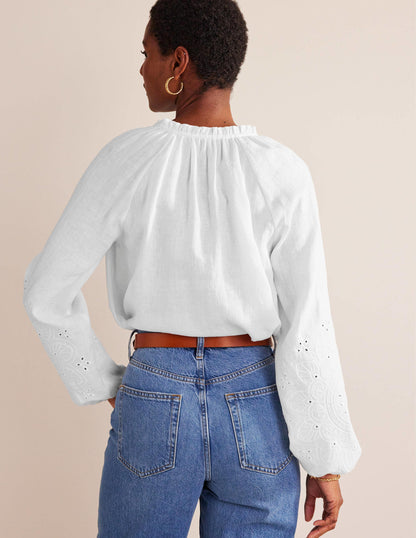 Broderie Tie-Neck Linen Top-White-3