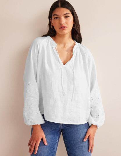 Broderie Tie-Neck Linen Top-White-5
