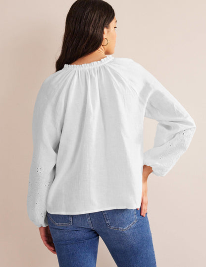 Broderie Tie-Neck Linen Top-White-6