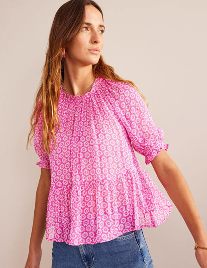 Gathered Sparkle Georgette Top-Phlox Pink, Sunrise Pop