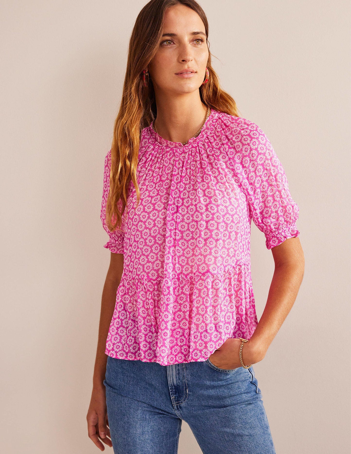 Gathered Sparkle Georgette Top-Phlox Pink, Sunrise Pop