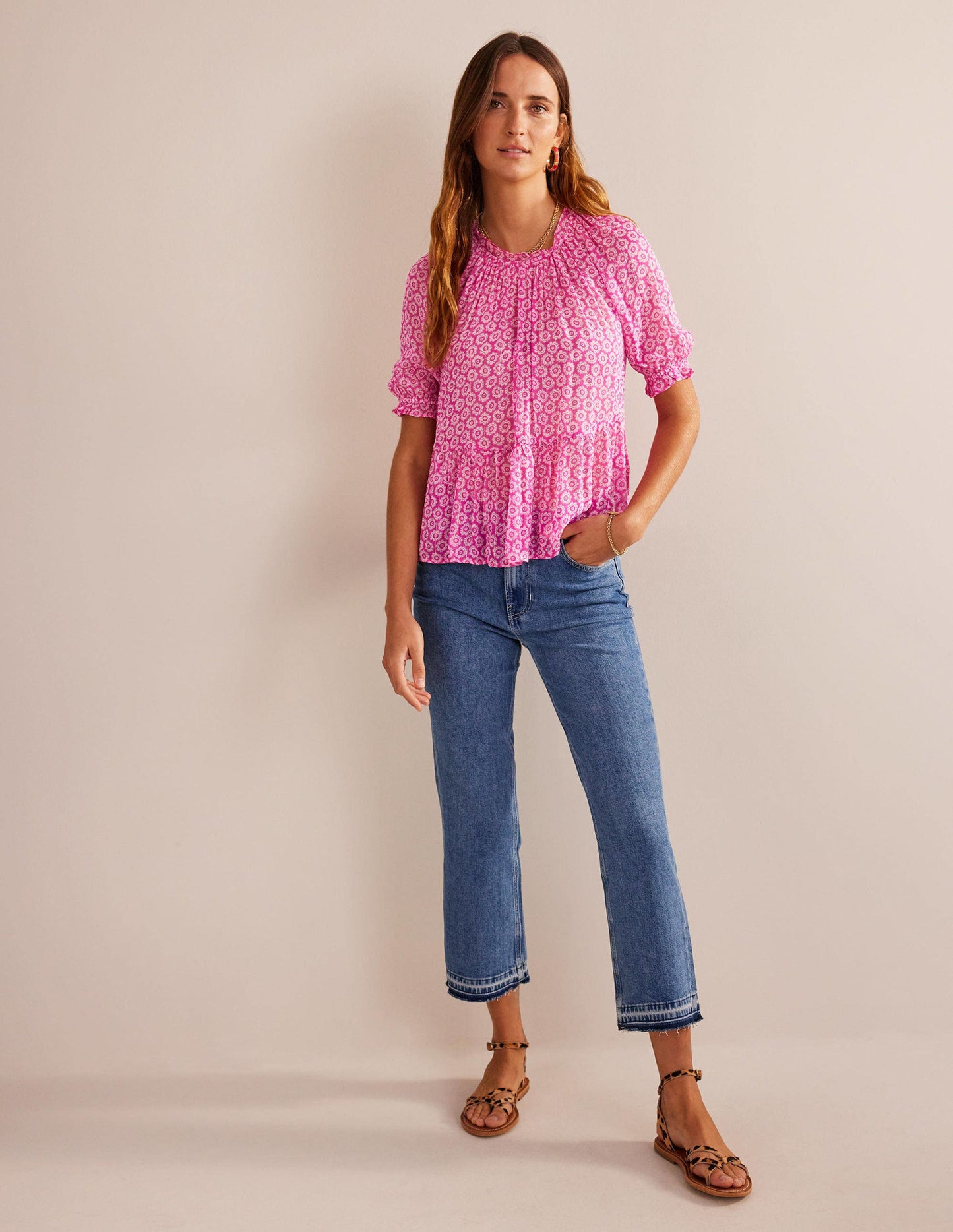Gathered Sparkle Georgette Top-Phlox Pink, Sunrise Pop