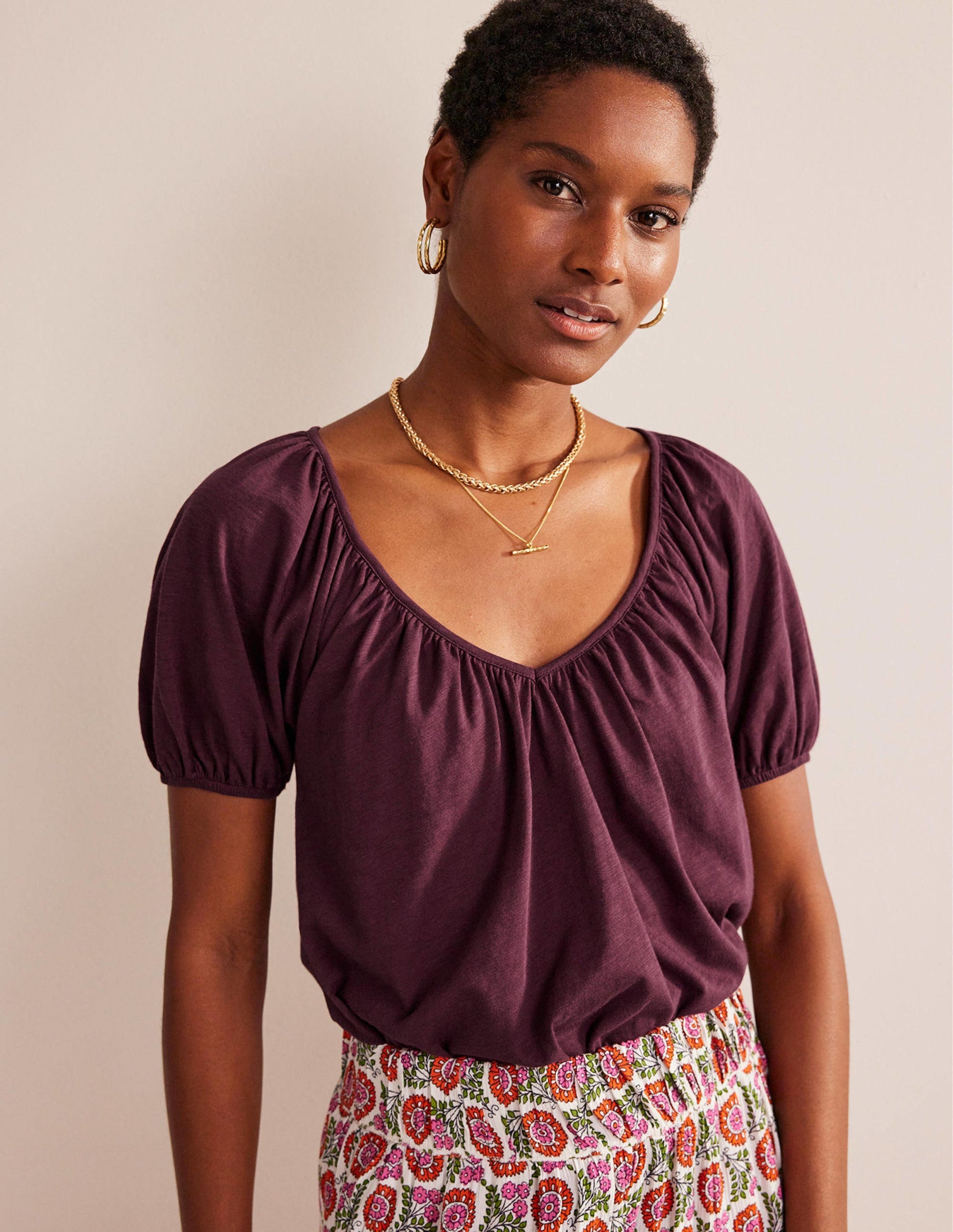 V-Neck Jersey Swing Top-Dark Burgundy-1