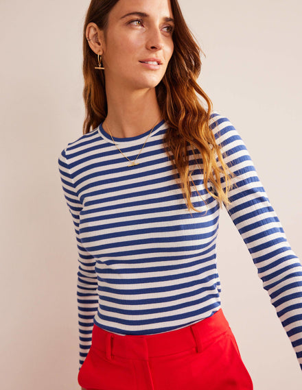 Anna Rib Crew T-Shirt-Lapis Blue, Ivory Stripe