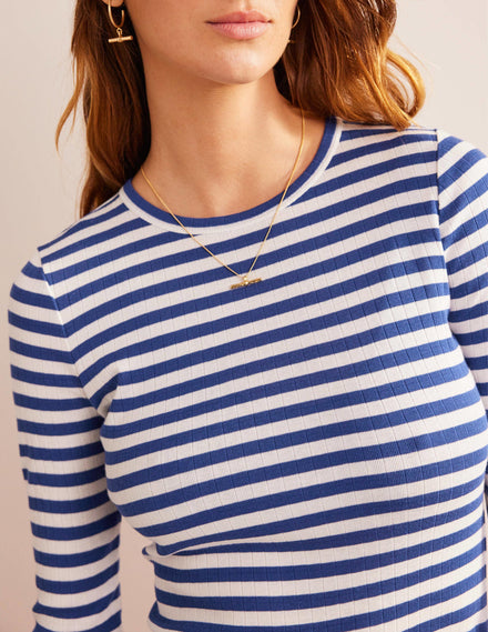 Anna Rib Crew T-Shirt-Lapis Blue, Ivory Stripe