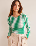 Anna Rib Crew T-Shirt-Meadow Green, Ivory Stripe