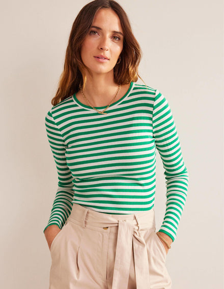 Anna Rib Crew T-Shirt-Meadow Green, Ivory Stripe