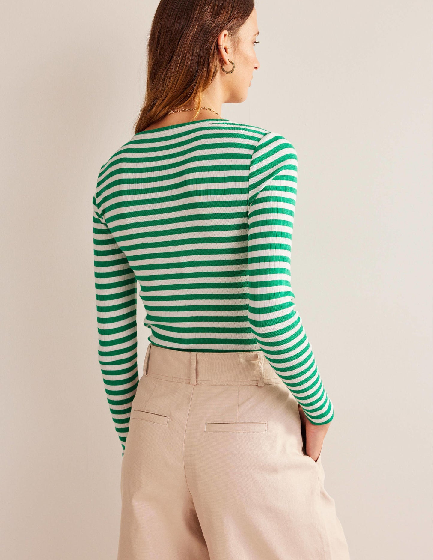 Anna Rib Crew T-Shirt-Meadow Green, Ivory Stripe