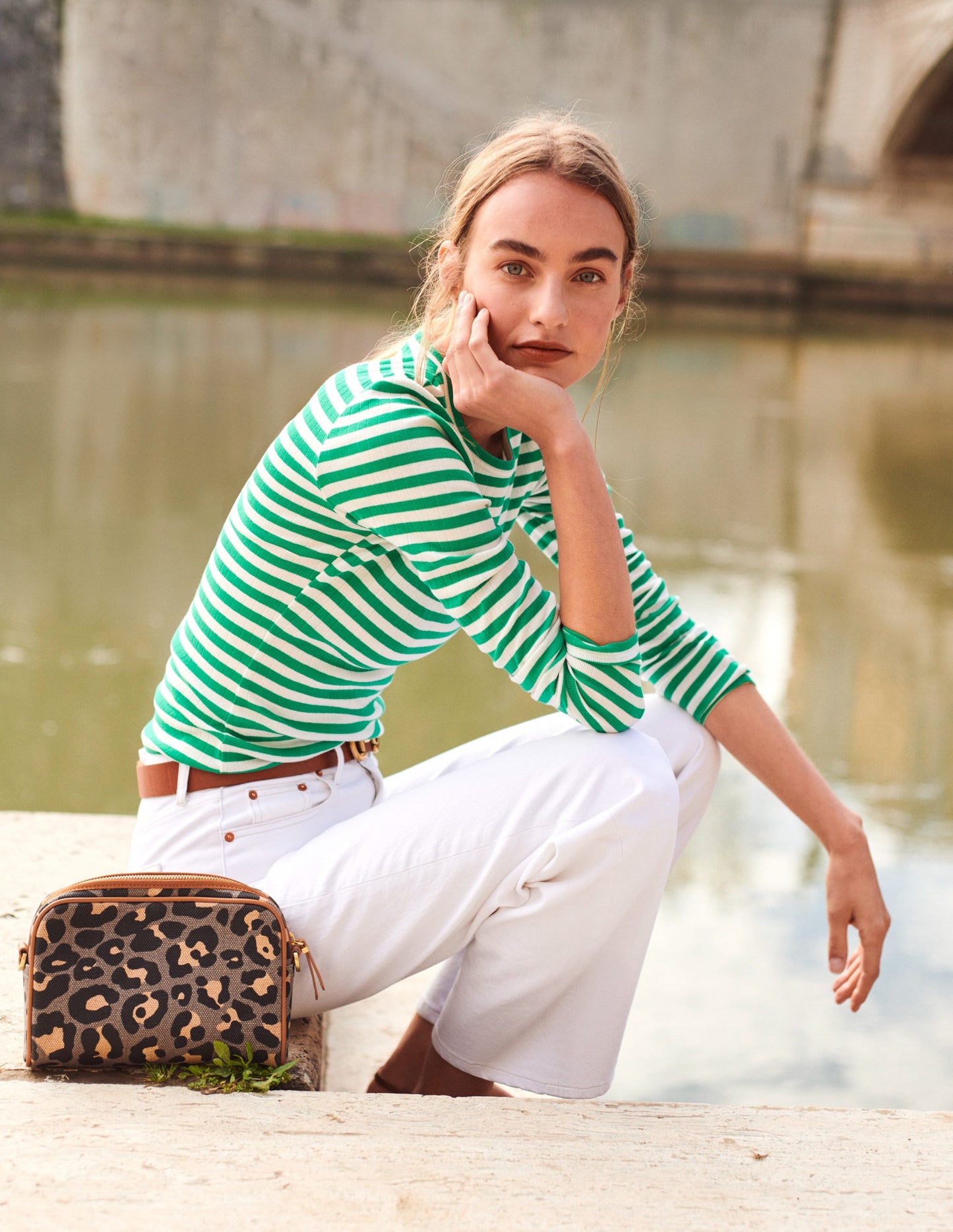 Anna Rib Crew T-Shirt-Meadow Green, Ivory Stripe