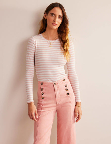 Anna Rib Crew T-Shirt-Ivory, Peach Skin Stripe