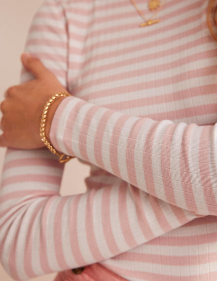 Anna Rib Crew T-Shirt-Ivory, Peach Skin Stripe