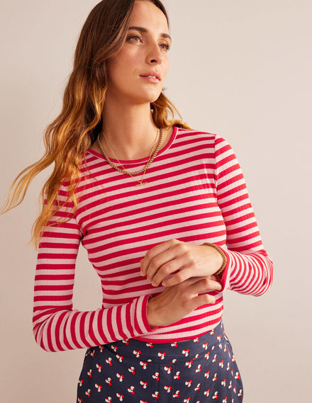 Anna Rib Crew T-Shirt-Peach Skin, Hot Pepper Stripe