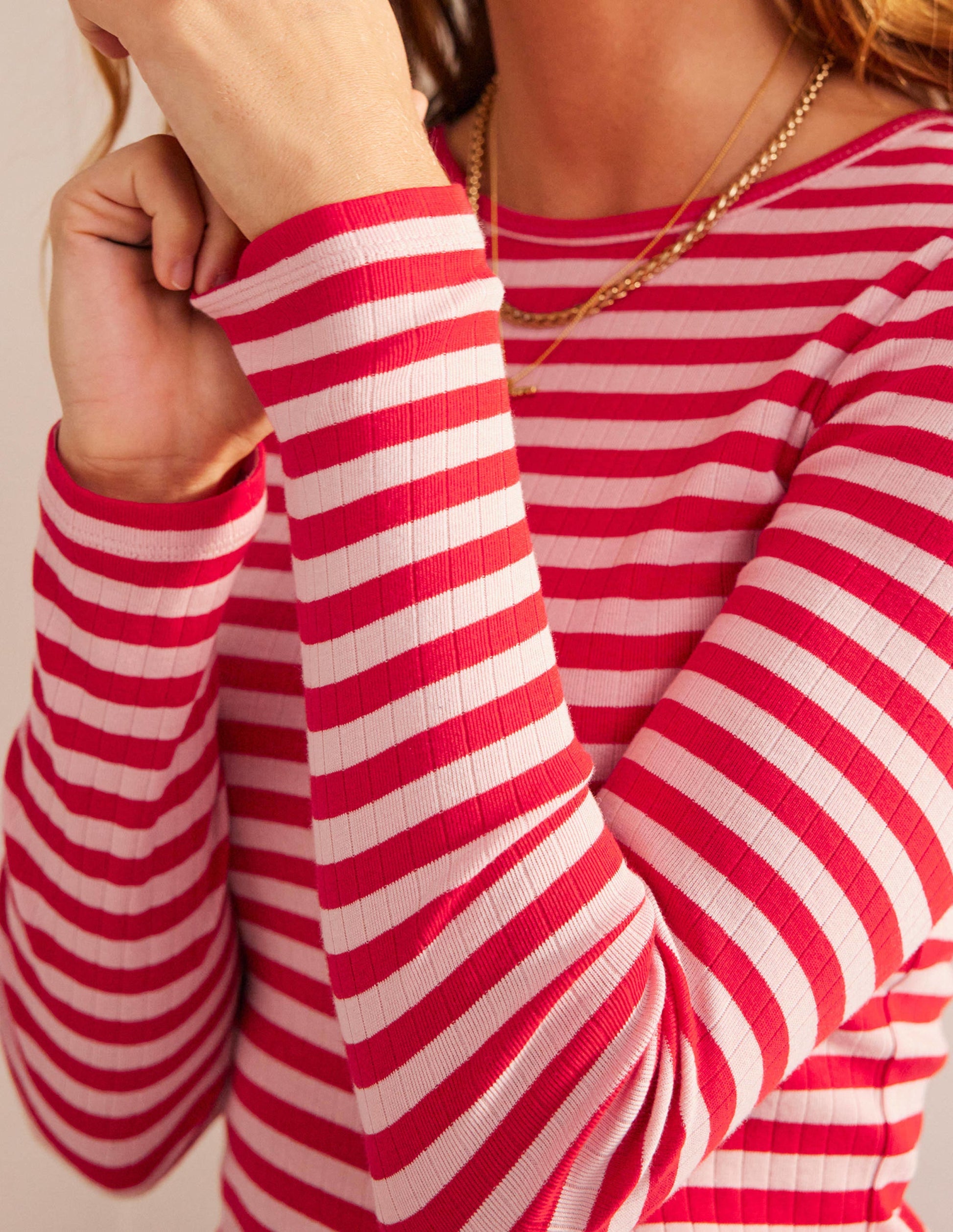 Anna Rib Crew T-Shirt-Peach Skin, Hot Pepper Stripe-2