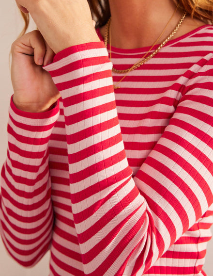 Anna Rib Crew T-Shirt-Peach Skin, Hot Pepper Stripe