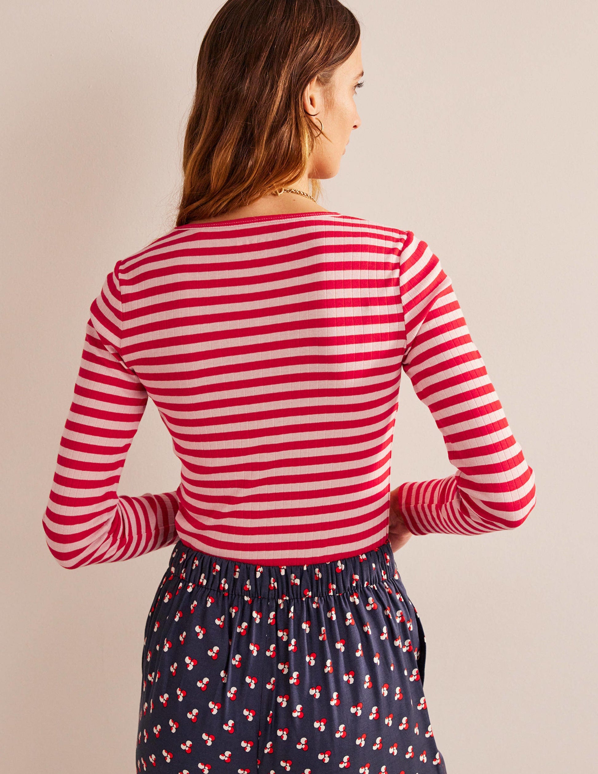 Anna Rib Crew T-Shirt-Peach Skin, Hot Pepper Stripe-3