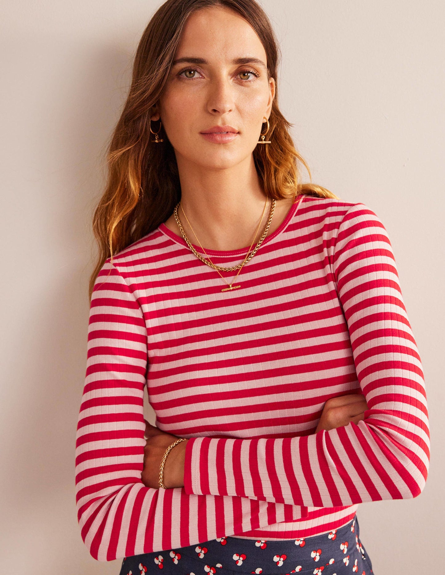 Anna Rib Crew T-Shirt-Peach Skin, Hot Pepper Stripe