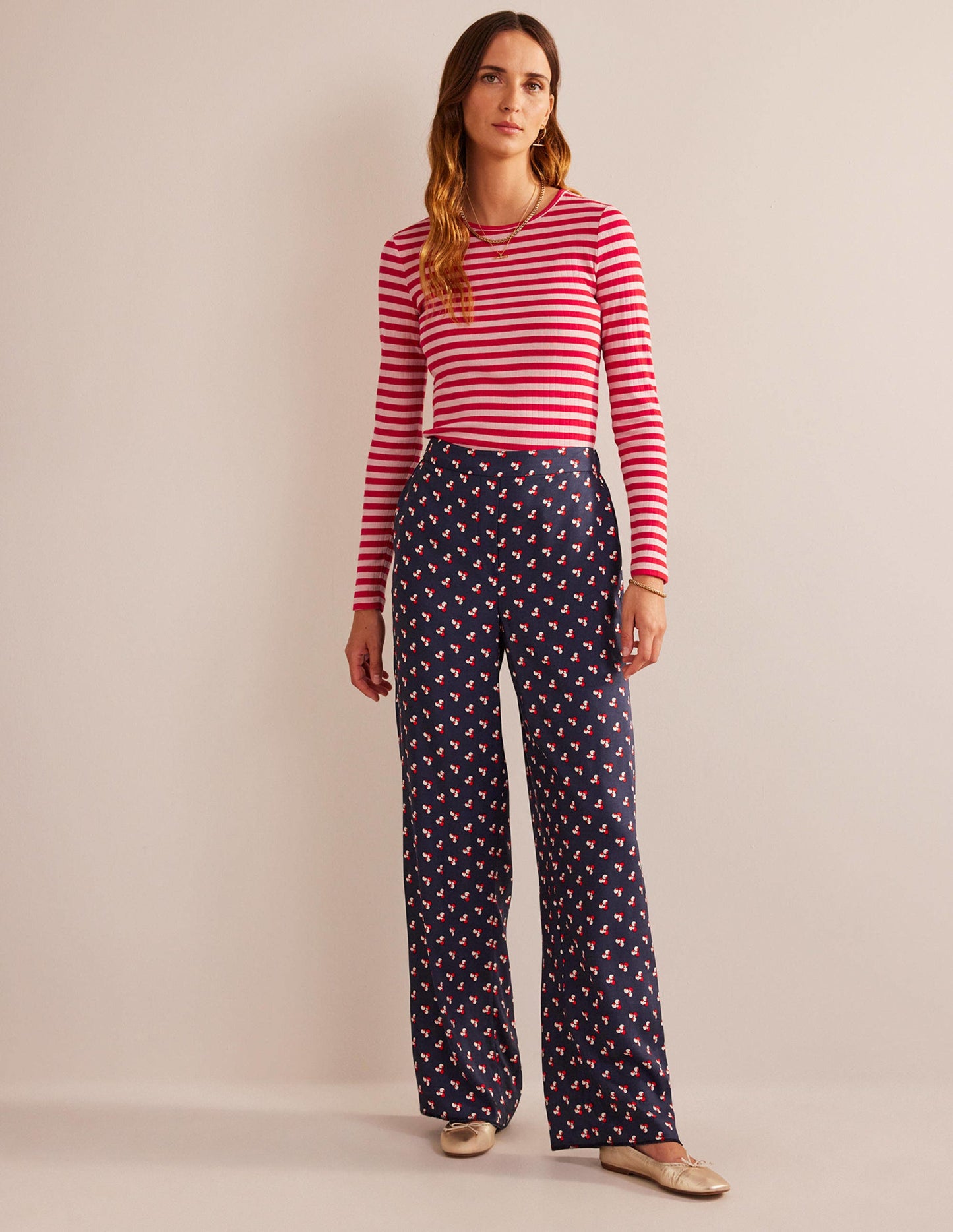 Anna Rib Crew T-Shirt-Peach Skin, Hot Pepper Stripe