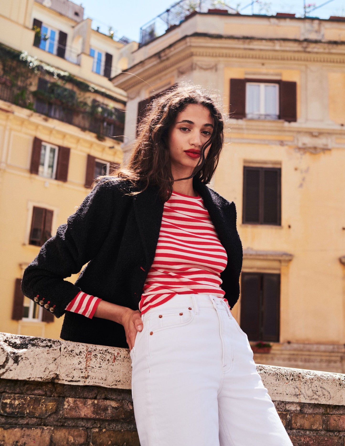 Anna Rib Crew T-Shirt-Peach Skin, Hot Pepper Stripe