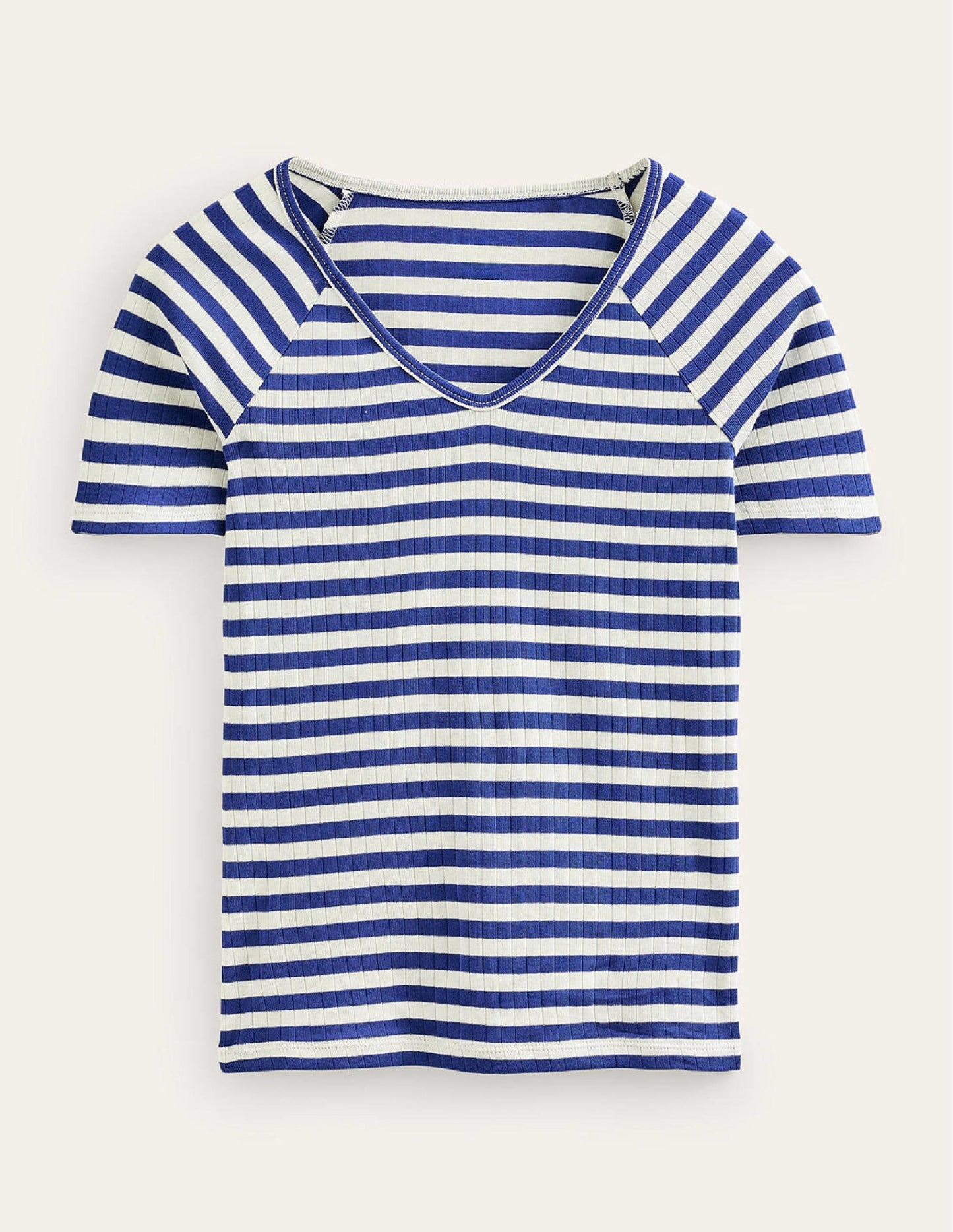 Anna Rib V-Neck T-Shirt-Lapis Blue, Ivory Stripe