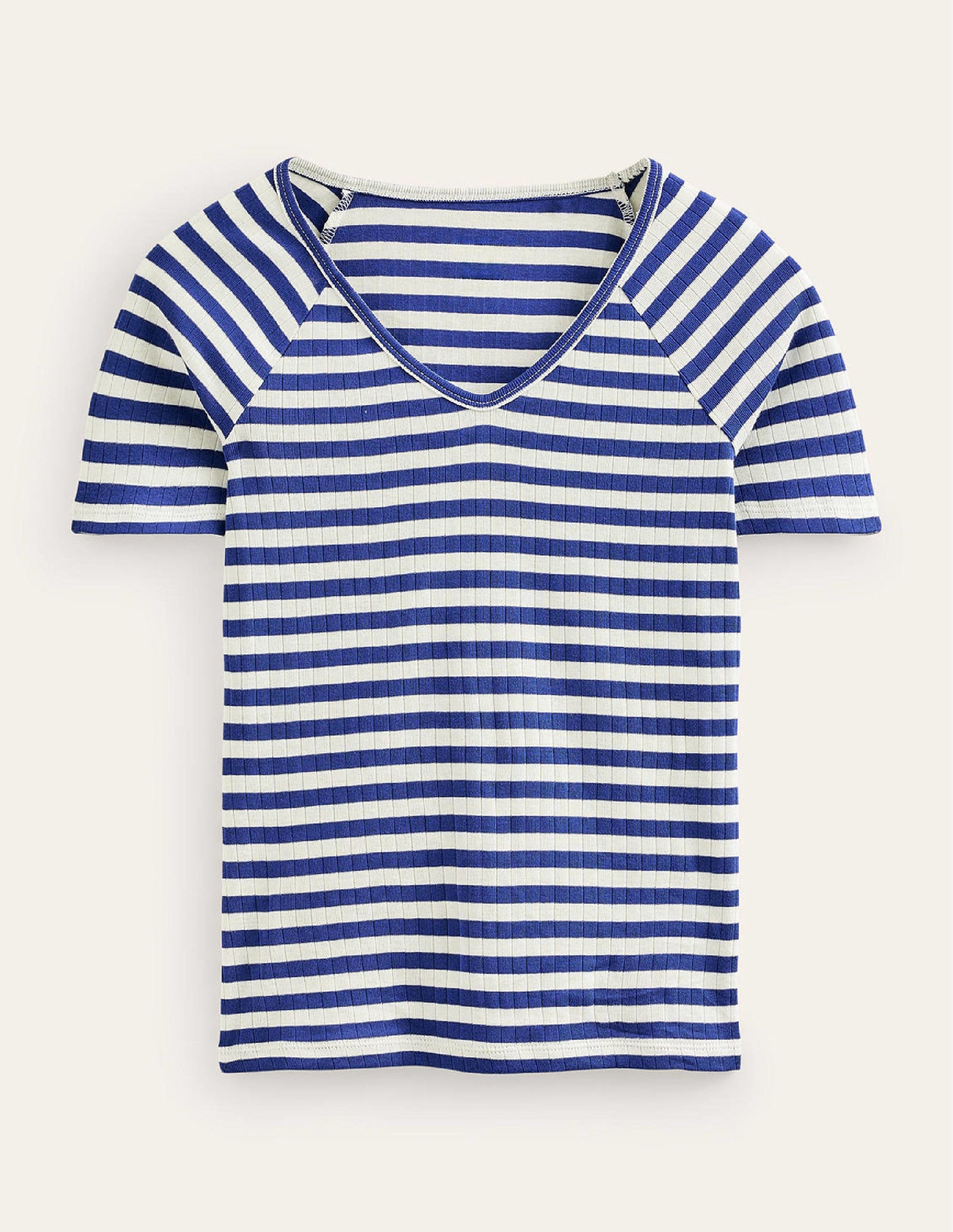 Anna Rib V-Neck T-Shirt-Lapis Blue, Ivory Stripe-7