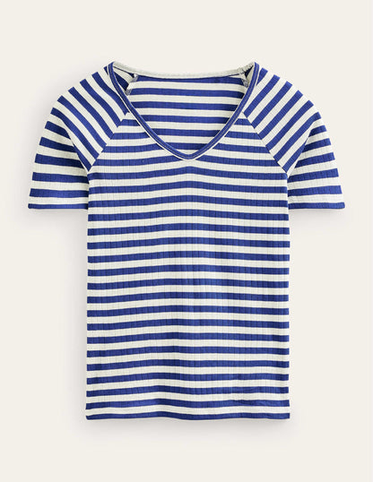 Anna Rib V-Neck T-Shirt-Lapis Blue, Ivory Stripe-7