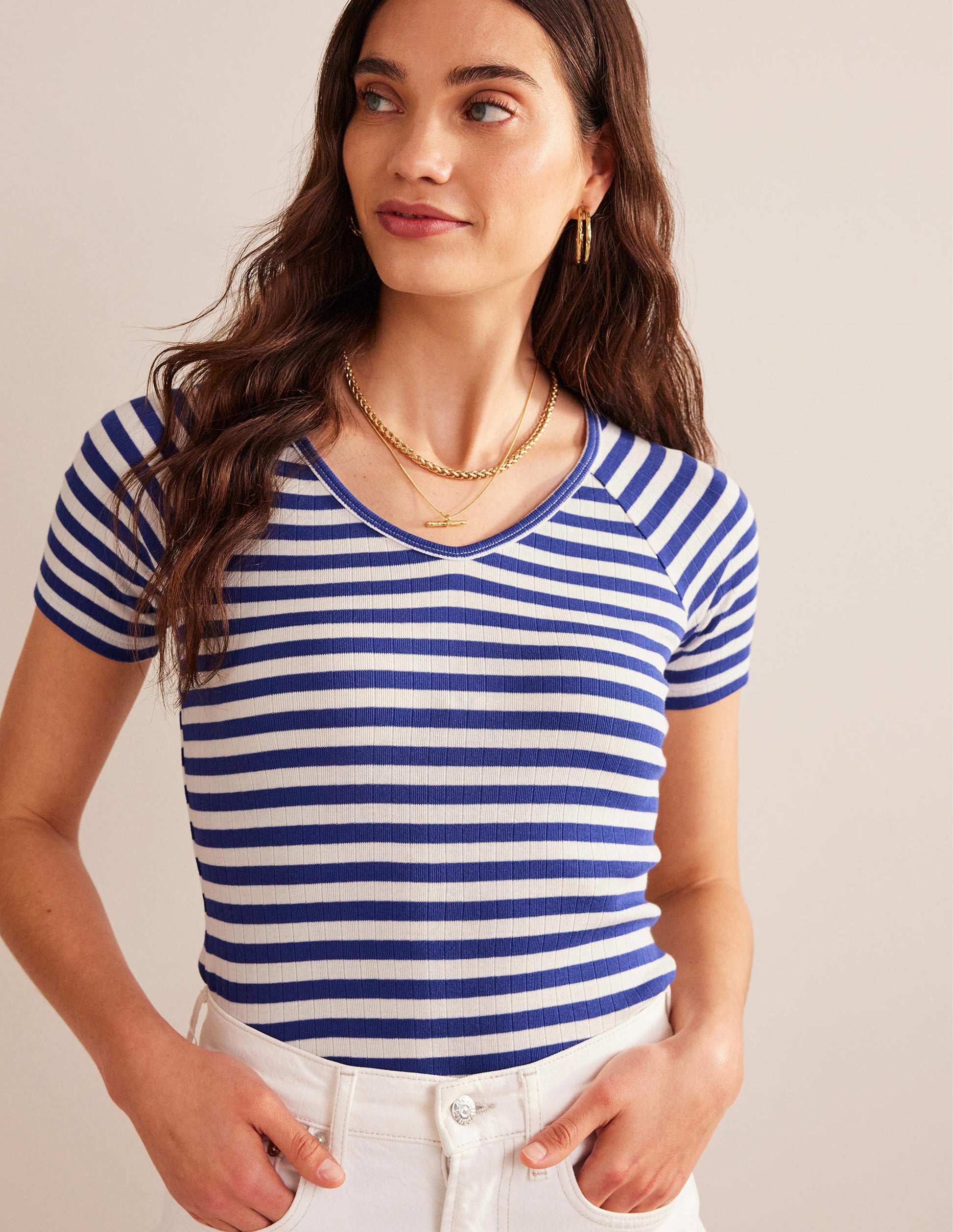 Anna Rib V-Neck T-Shirt-Lapis Blue, Ivory Stripe-1