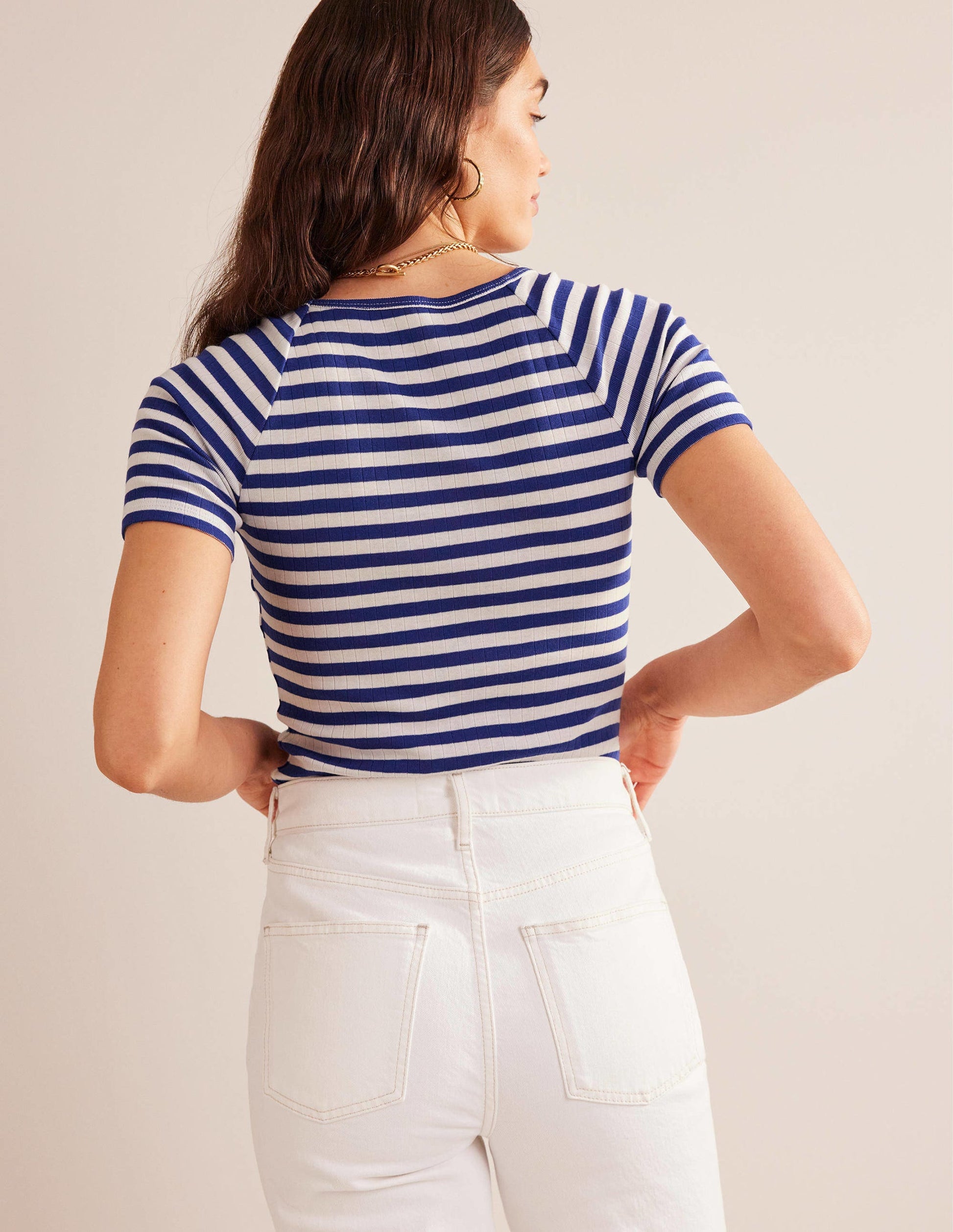 Anna Rib V-Neck T-Shirt-Lapis Blue, Ivory Stripe-3