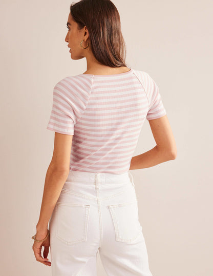 Anna Rib V-Neck T-Shirt-Ivory, Peach Skin Stripe-3