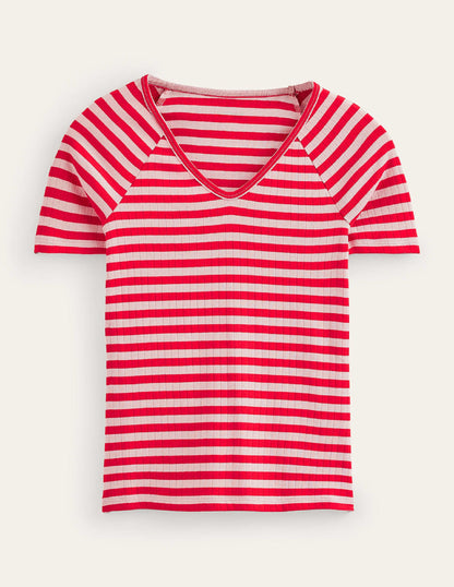 Anna Rib V-Neck T-Shirt-Peach Skin, Hot Pepper Stripe-5