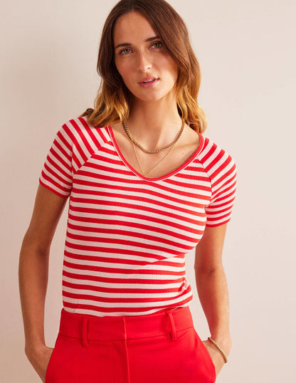 Anna Rib V-Neck T-Shirt-Peach Skin, Hot Pepper Stripe-1