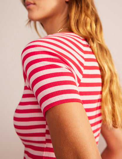 Anna Rib V-Neck T-Shirt-Peach Skin, Hot Pepper Stripe-2
