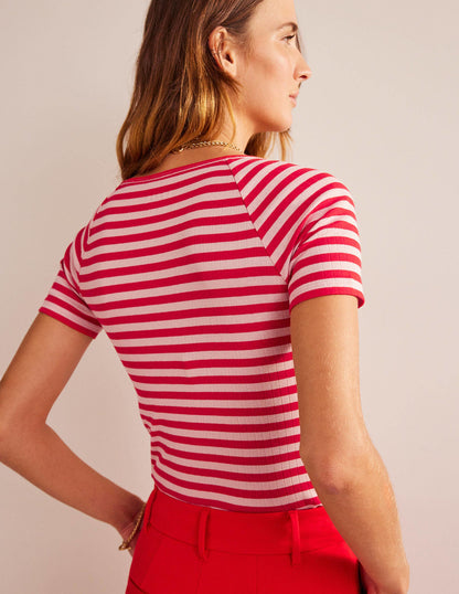 Anna Rib V-Neck T-Shirt-Peach Skin, Hot Pepper Stripe-3