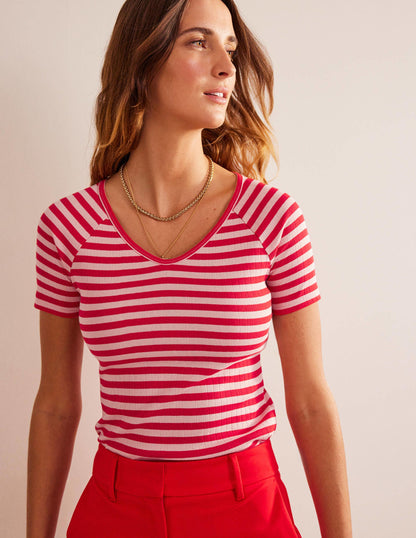 Anna Rib V-Neck T-Shirt-Peach Skin, Hot Pepper Stripe-4