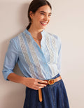 Lace-Panelled Poplin Shirt-Cornflower Fine Ticking Stripe