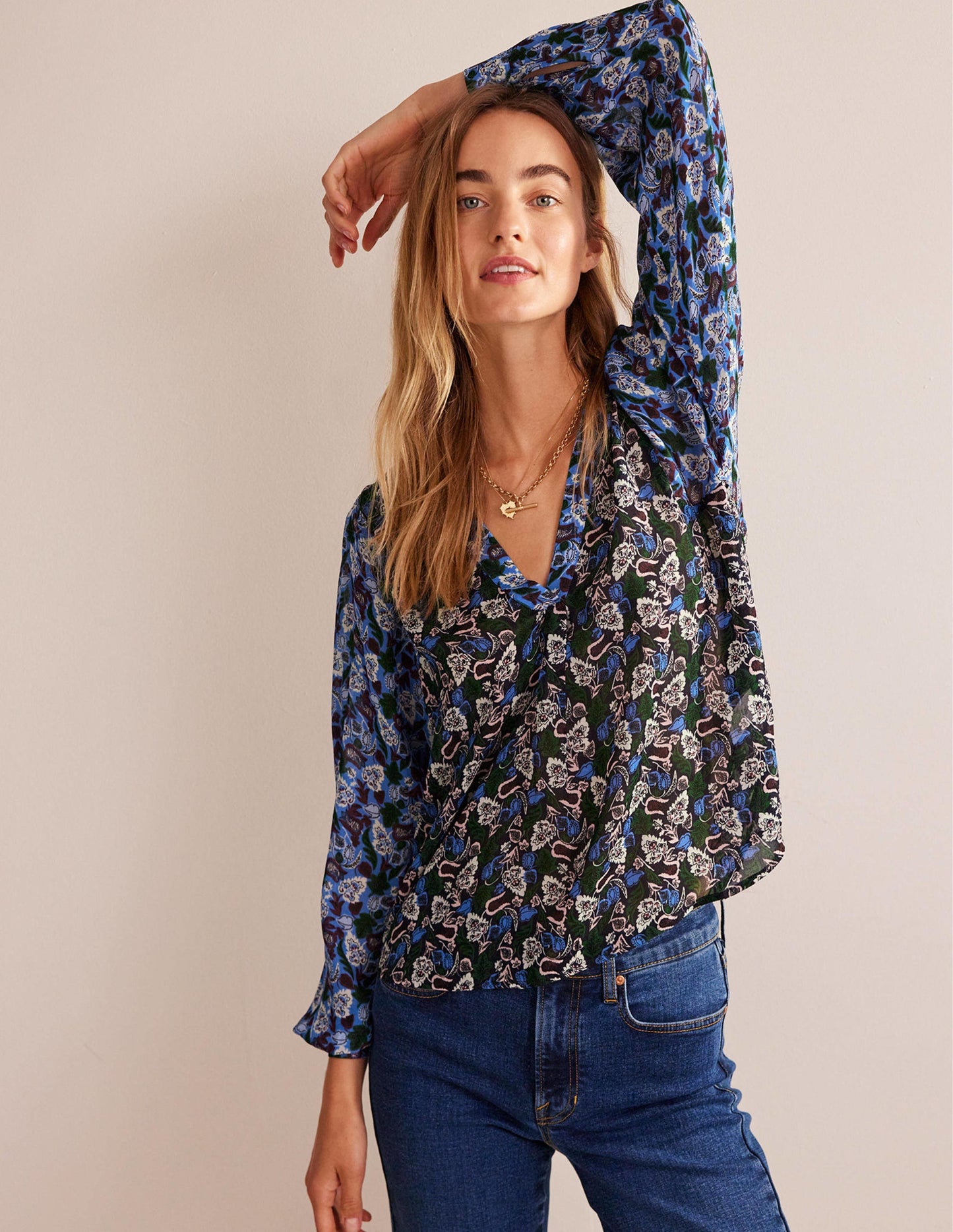 Printed V-Neck Blouse-Multi, Tulip Bloom