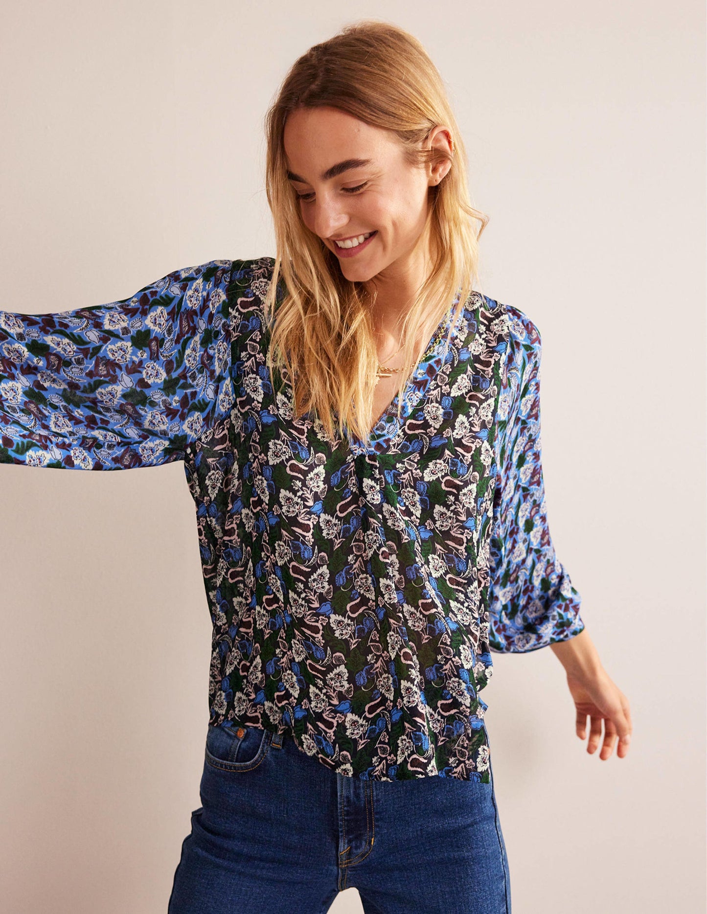 Printed V-Neck Blouse-Multi, Tulip Bloom