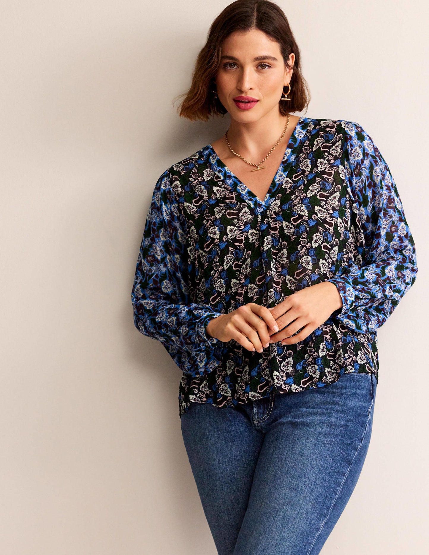 Printed V-Neck Blouse-Multi, Tulip Bloom