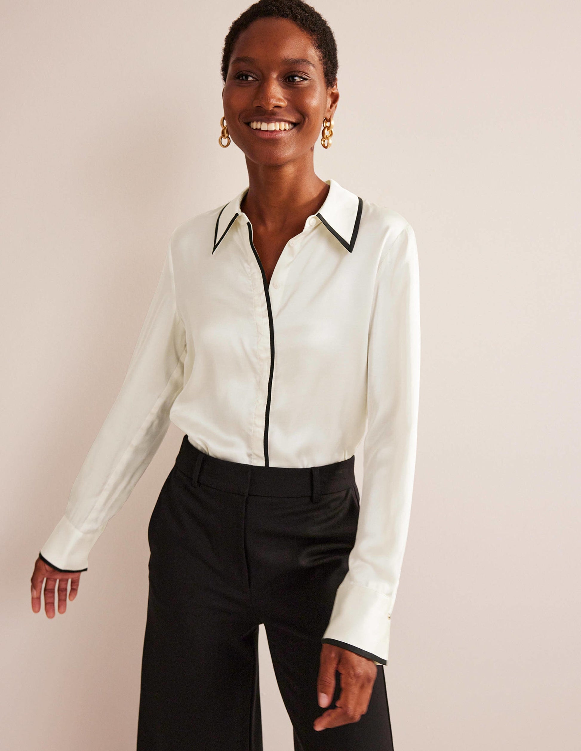 Straight Satin-Tipped Shirt-Ivory, Black-1