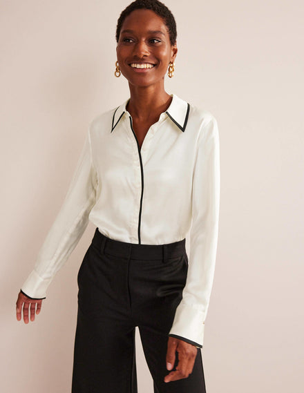 Straight Satin-Tipped Shirt-Ivory, Black