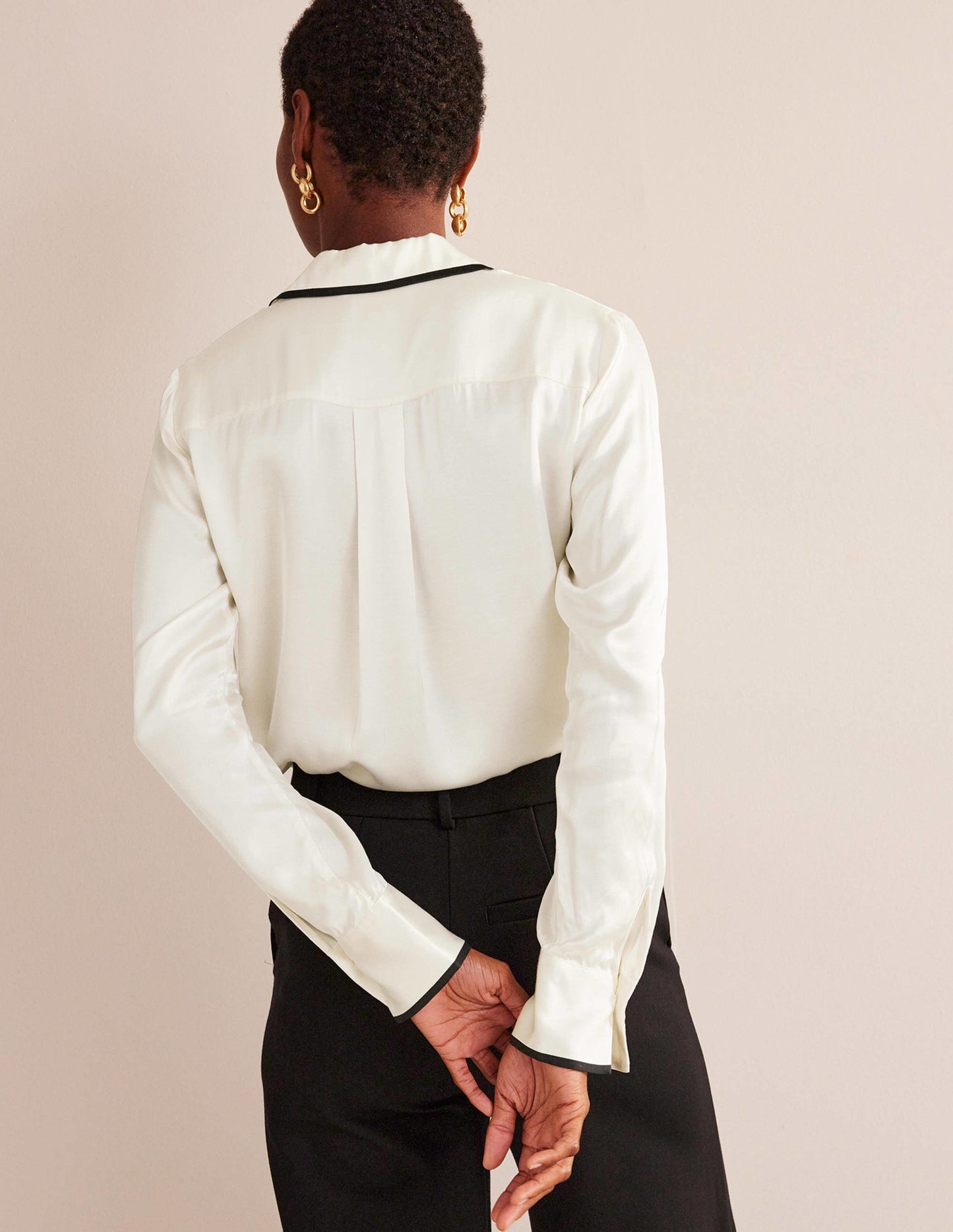 Straight Satin-Tipped Shirt-Ivory, Black