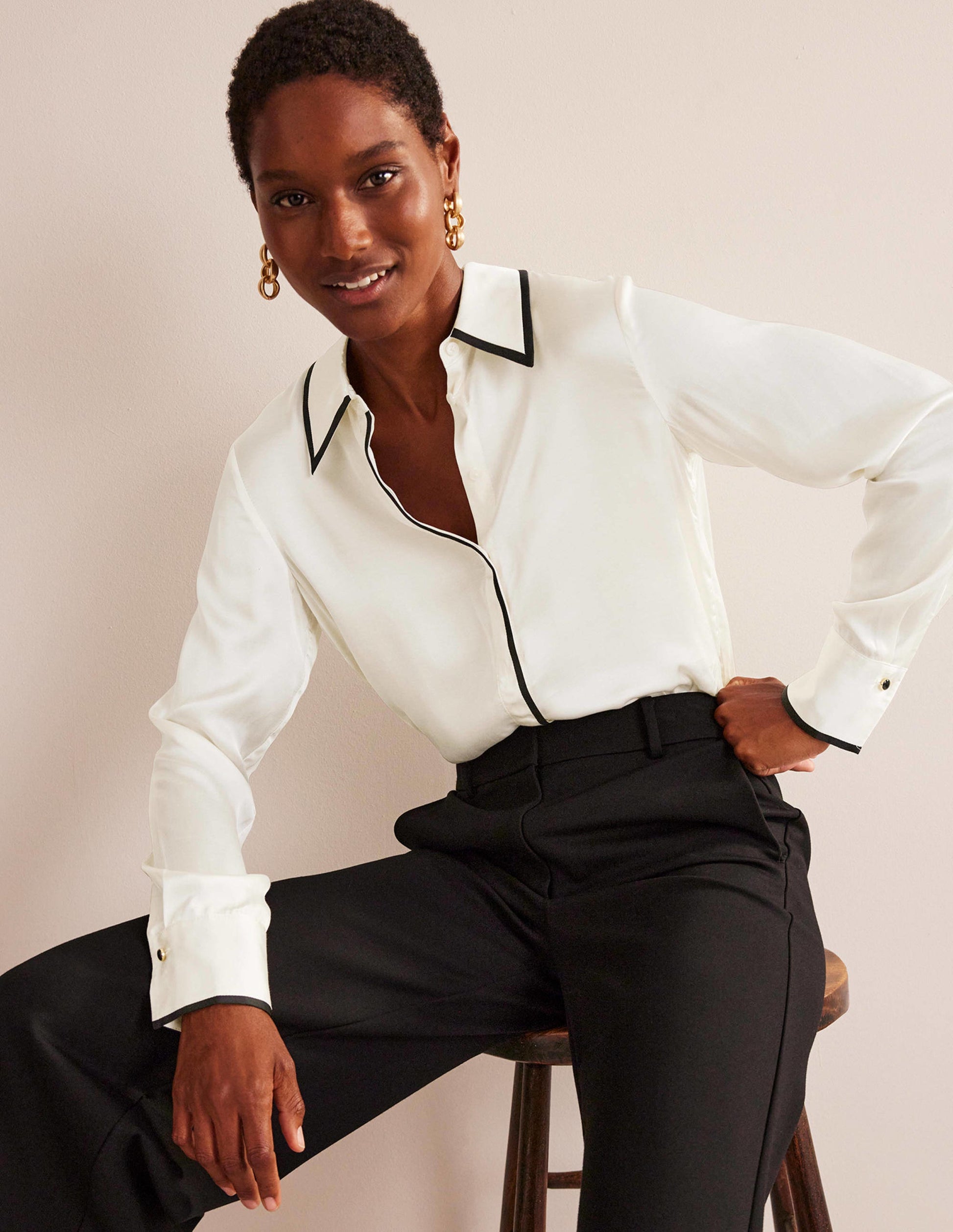 Straight Satin-Tipped Shirt-Ivory, Black-4