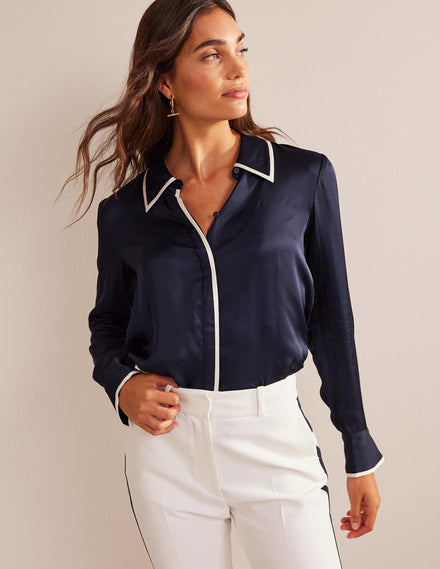 Straight Satin-Tipped Shirt-Navy