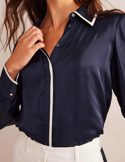 Straight Satin-Tipped Shirt-Navy