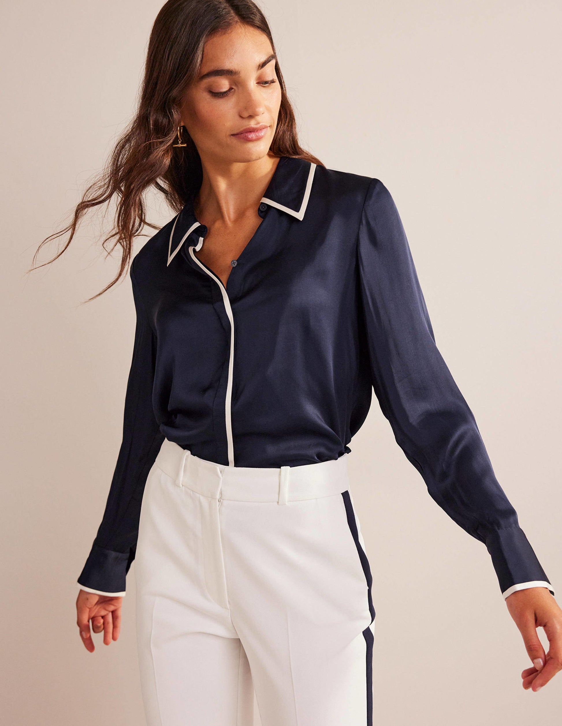 Straight Satin-Tipped Shirt-Navy-4