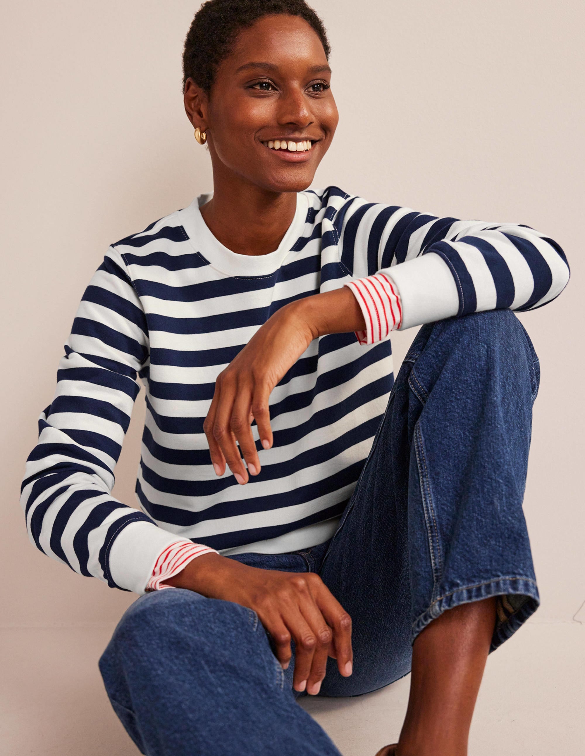 Deep Rib Boxy Sweatshirt-French Navy, Ivory Stripe - Image 1