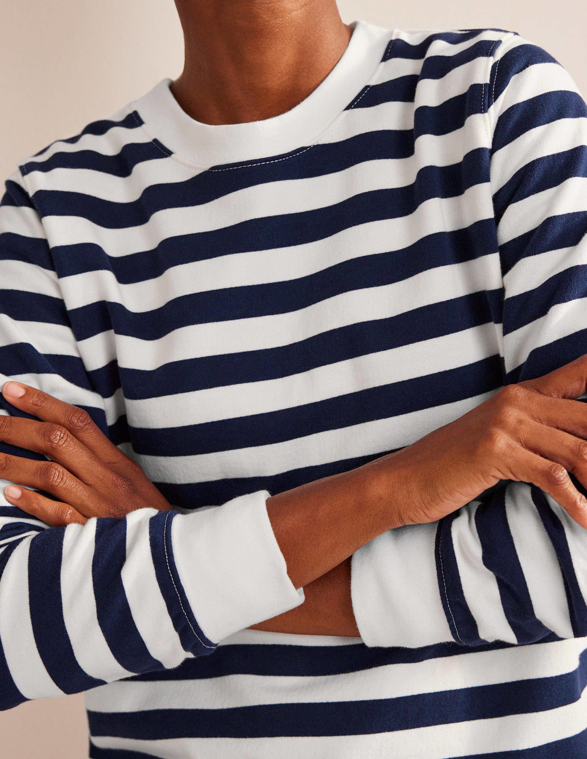 Deep Rib Boxy Sweatshirt-French Navy, Ivory Stripe - Image 2