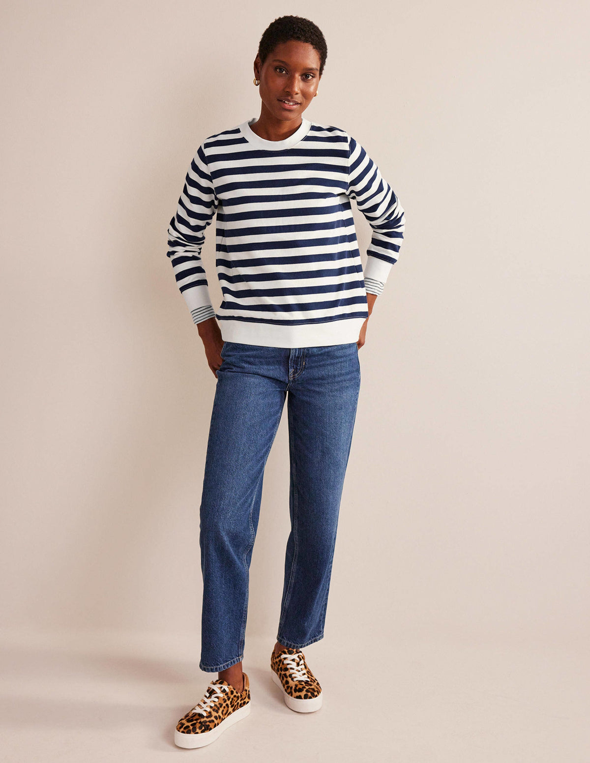 Deep Rib Boxy Sweatshirt-French Navy, Ivory Stripe - Image 5