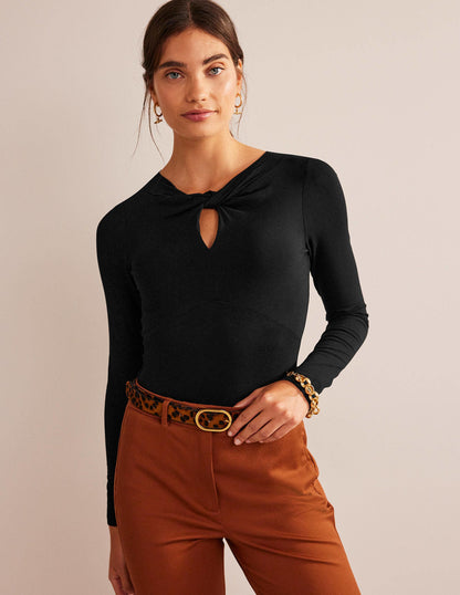 Knot Front Jersey Top-Black-1