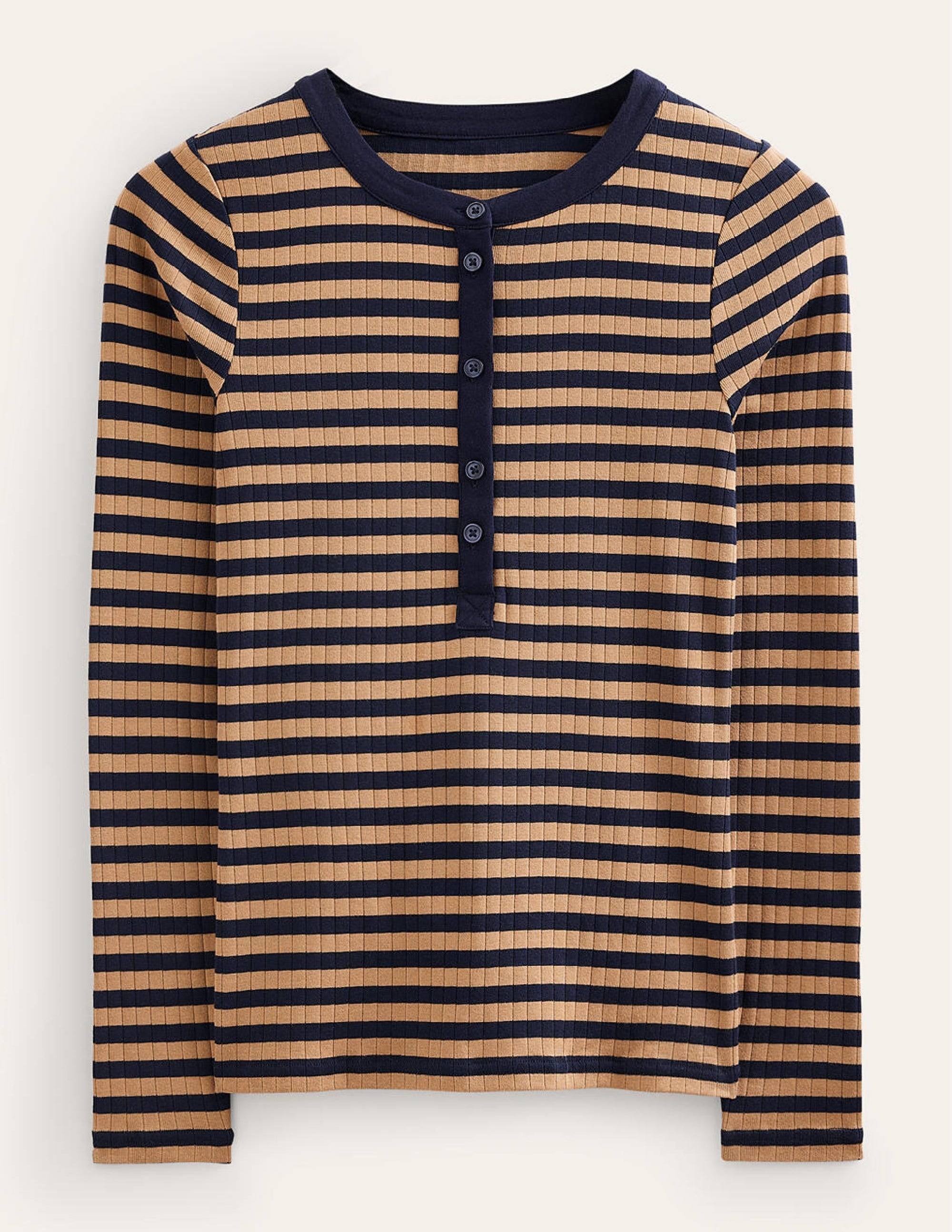 Anna Rib Henley T-Shirt-Navy, Camel - Image 5
